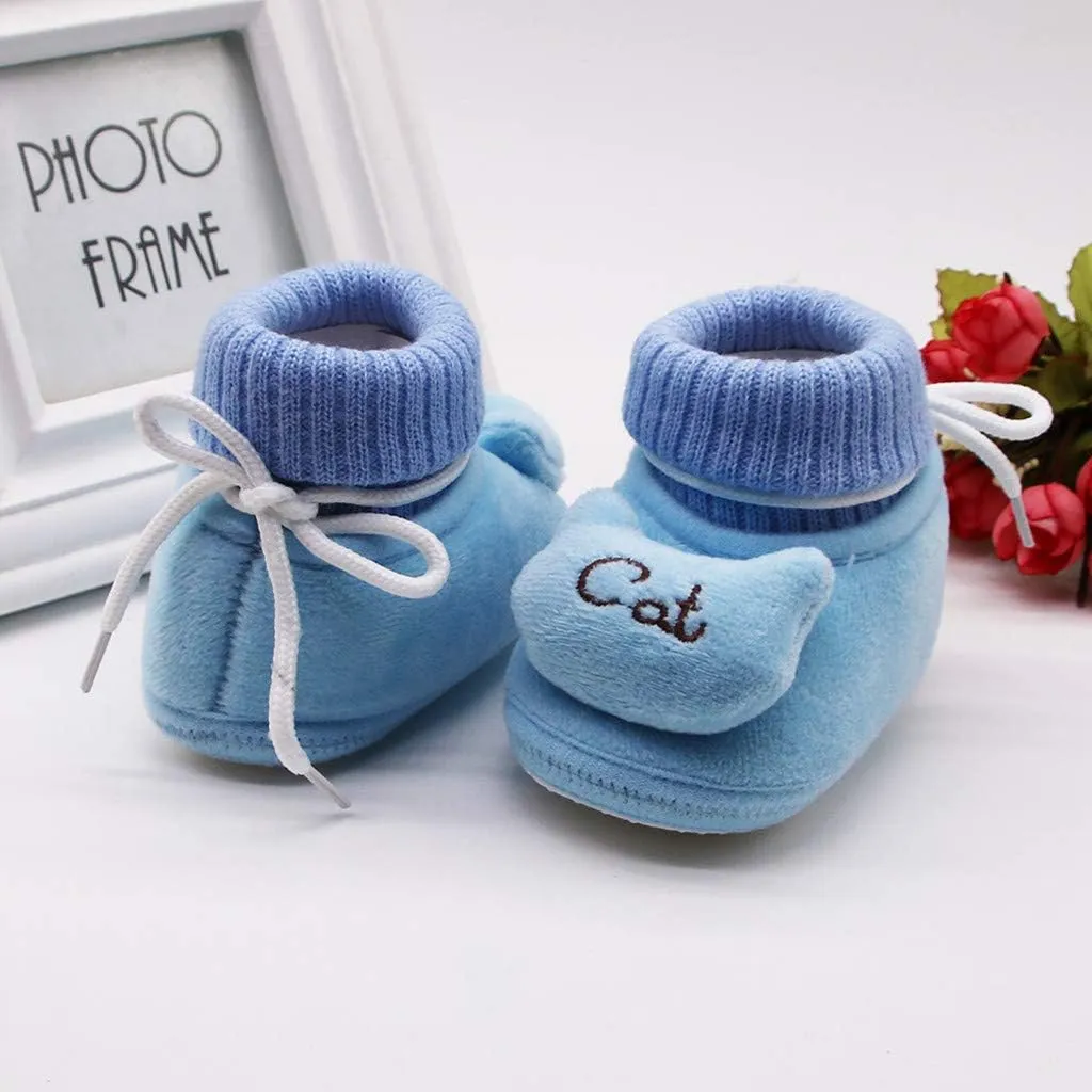 0-18 Months Cute Infant Newborn Baby Girls Cashmere Plush Cat Winter Boots Soft Sole Warm Shoes
