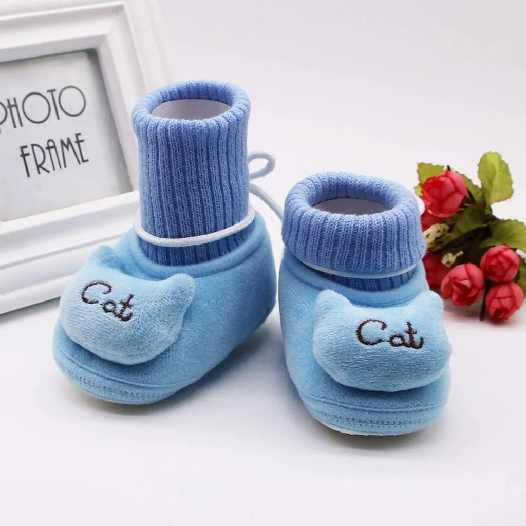 0-18 Months Cute Infant Newborn Baby Girls Cashmere Plush Cat Winter Boots Soft Sole Warm Shoes