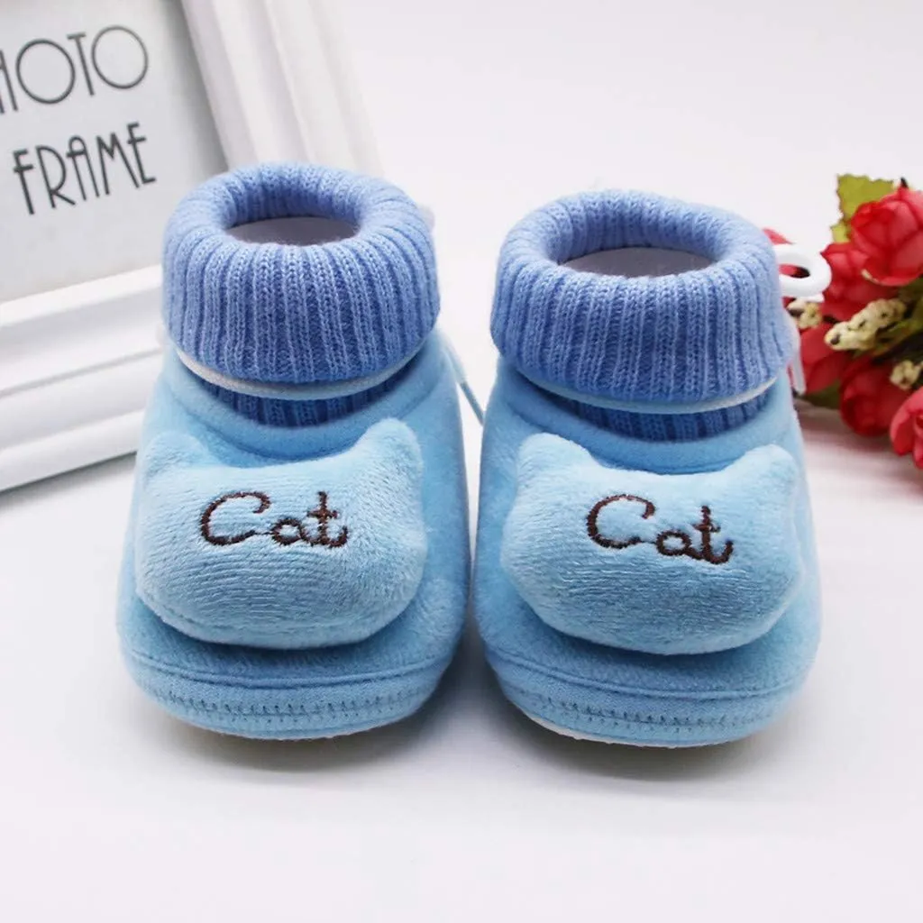 0-18 Months Cute Infant Newborn Baby Girls Cashmere Plush Cat Winter Boots Soft Sole Warm Shoes