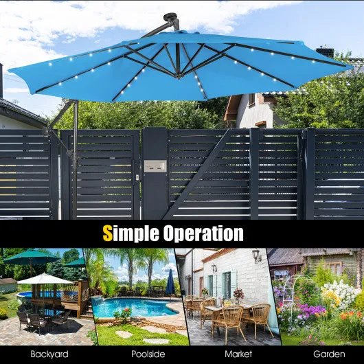 10 Feet Patio Solar Powered Cantilever Umbrella with Tilting System-Blue