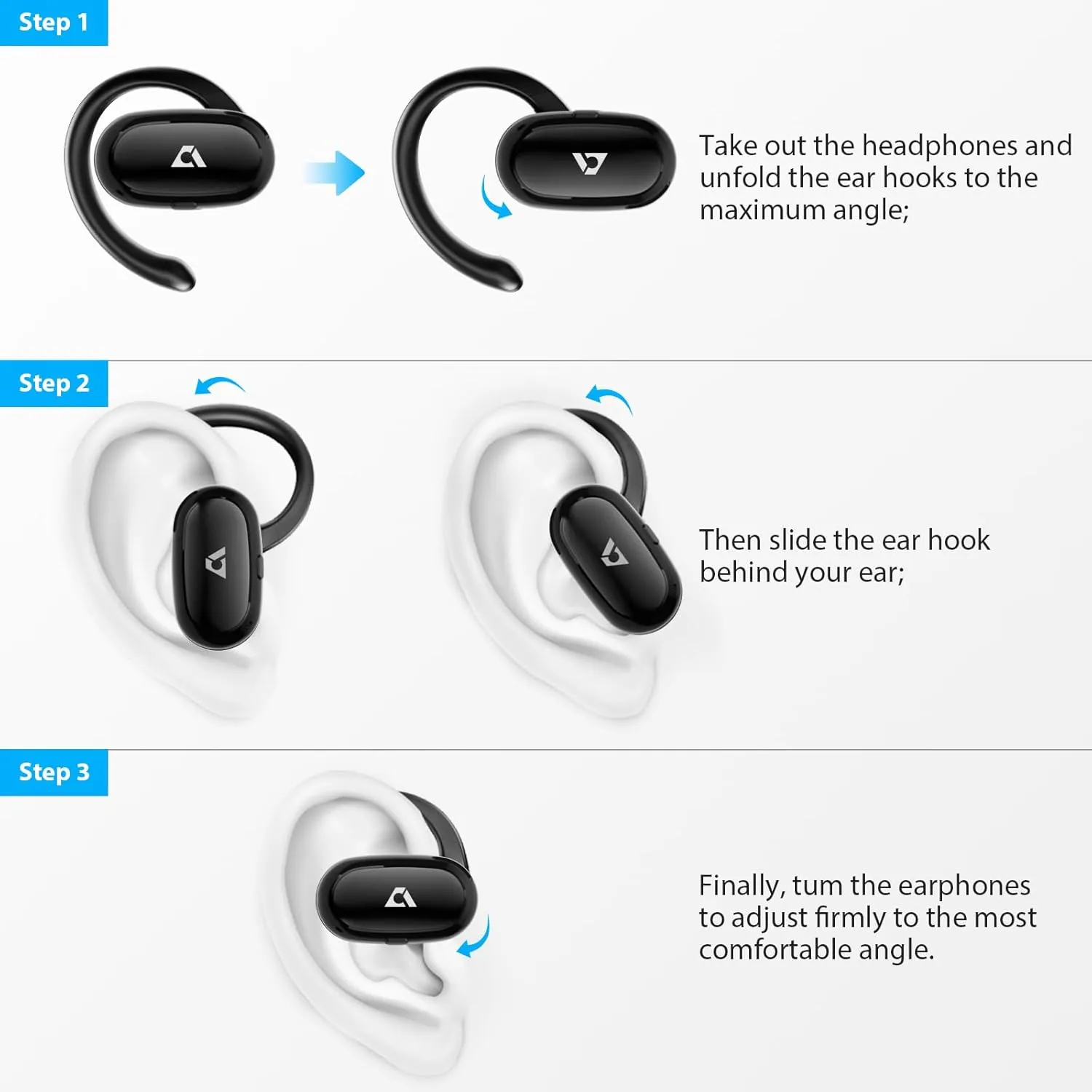 1Mii Open Ear Headphones, Wireless Sports Earbuds 60 Hours Long Playtime with Charging Case, Snug Fit Bluetooth Earbuds with Rotatable Ear Hooks, ENC Clear Calls Premium Sound IPX4 Waterproof Black