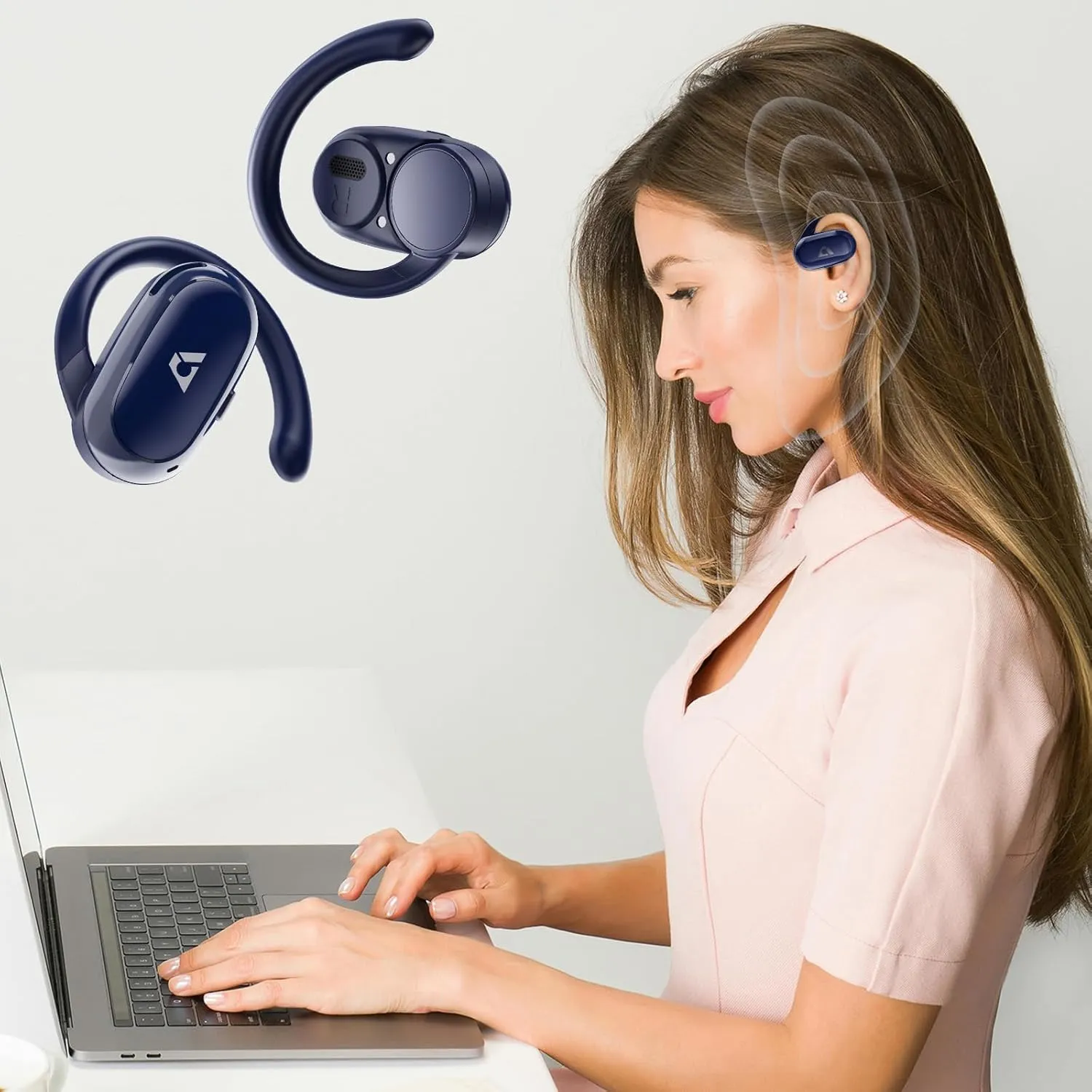 1Mii Open Ear Headphones, Wireless Sports Earbuds 60 Hours Long Playtime with Charging Case, Snug Fit Bluetooth Earbuds with Rotatable Ear Hooks, ENC Clear Calls Premium Sound IPX4 Waterproof (Blue)