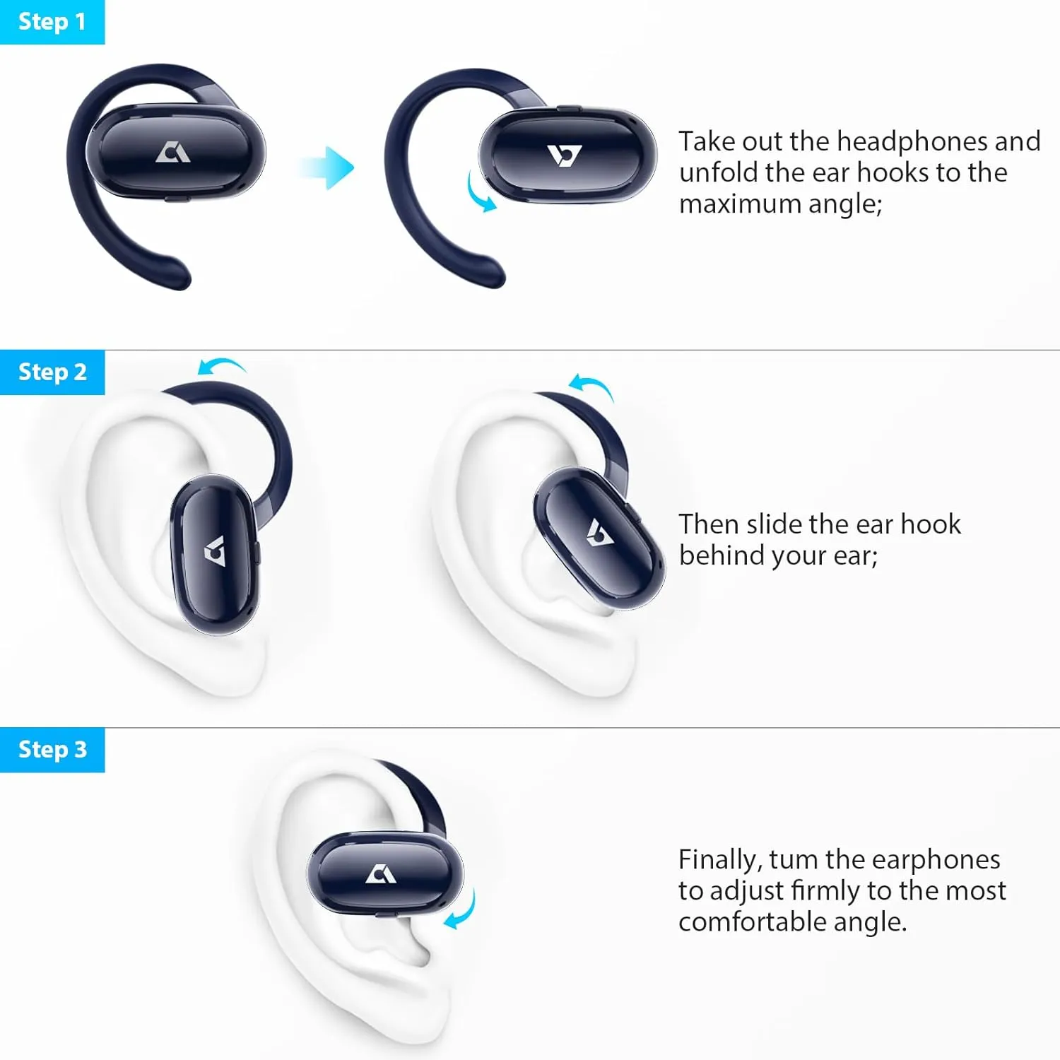 1Mii Open Ear Headphones, Wireless Sports Earbuds 60 Hours Long Playtime with Charging Case, Snug Fit Bluetooth Earbuds with Rotatable Ear Hooks, ENC Clear Calls Premium Sound IPX4 Waterproof (Blue)