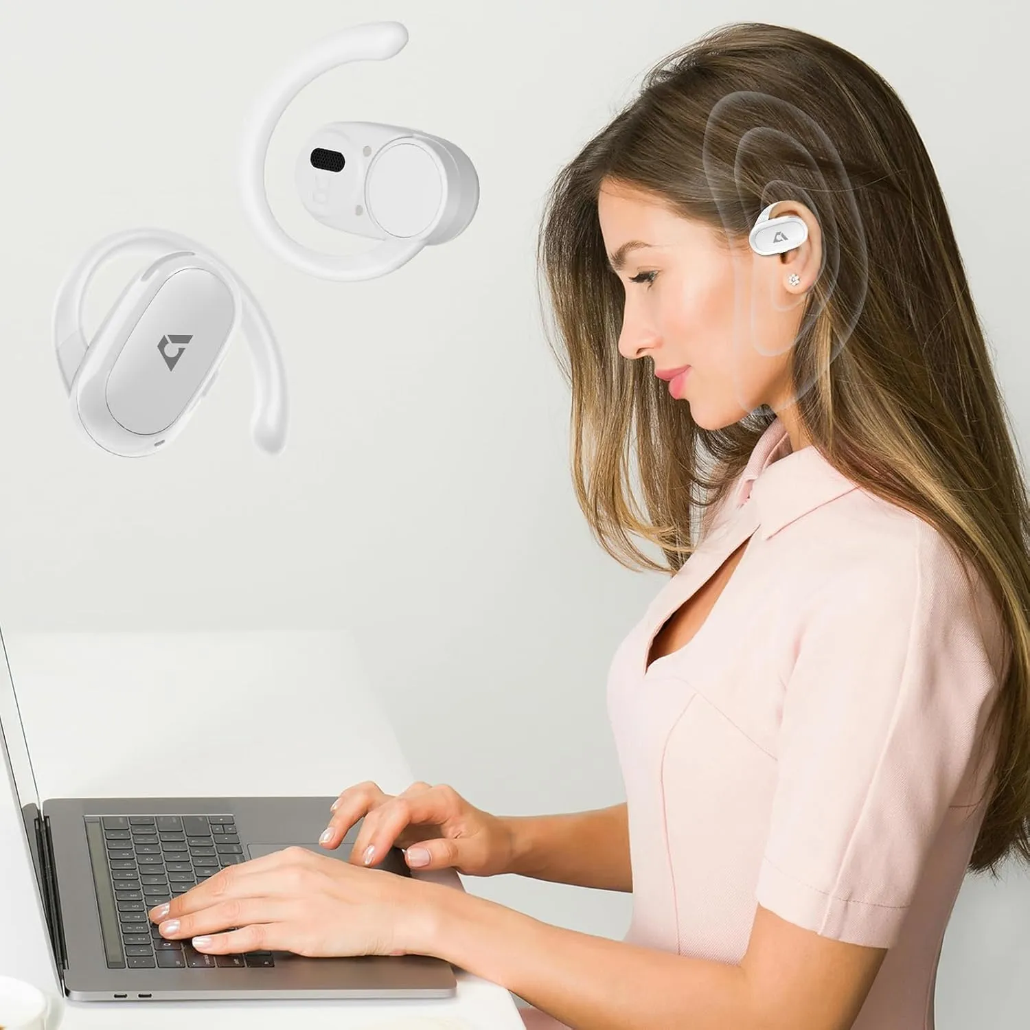 1Mii Open Ear Headphones, Wireless Sports Earbuds 60 Hours Long Playtime with Charging Case, Snug Fit Bluetooth Earbuds with Rotatable Ear Hooks, ENC Clear Calls Premium Sound IPX4 Waterproof (White)