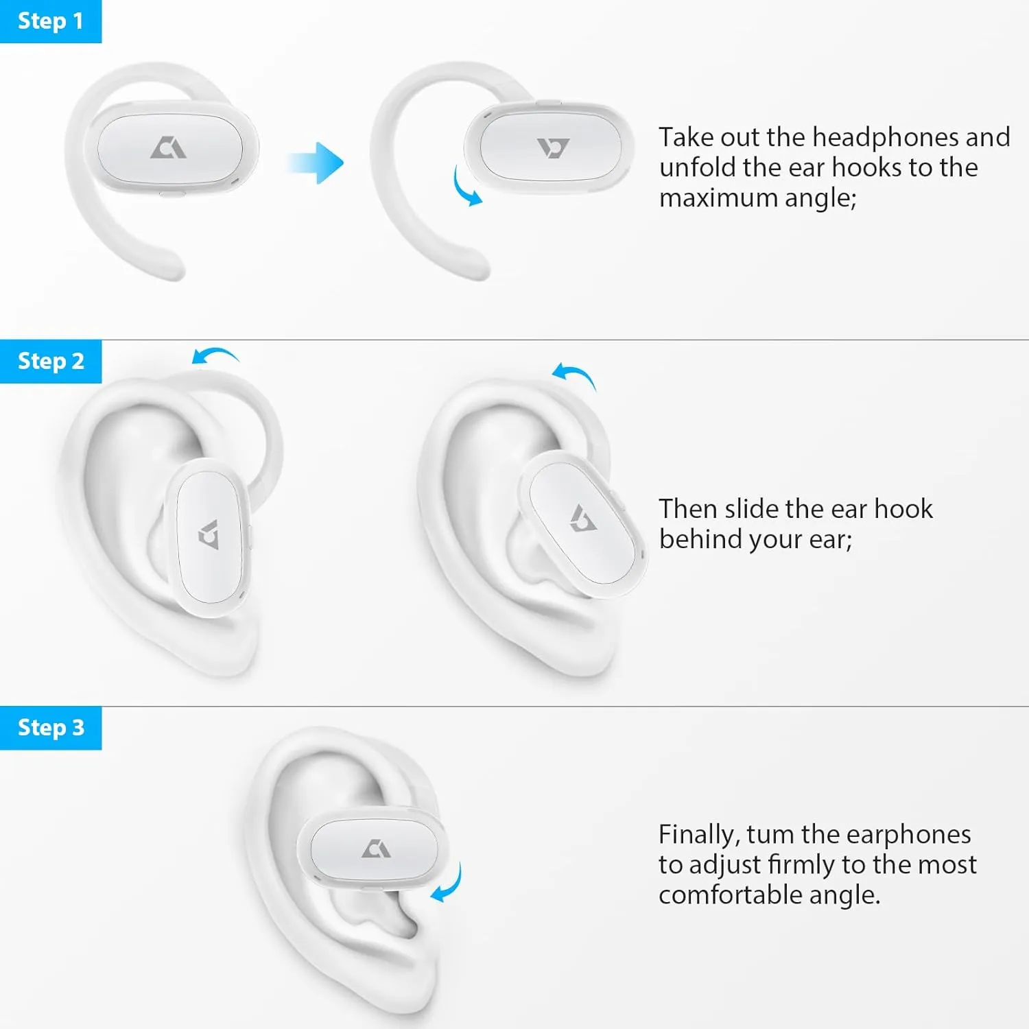 1Mii Open Ear Headphones, Wireless Sports Earbuds 60 Hours Long Playtime with Charging Case, Snug Fit Bluetooth Earbuds with Rotatable Ear Hooks, ENC Clear Calls Premium Sound IPX4 Waterproof (White)