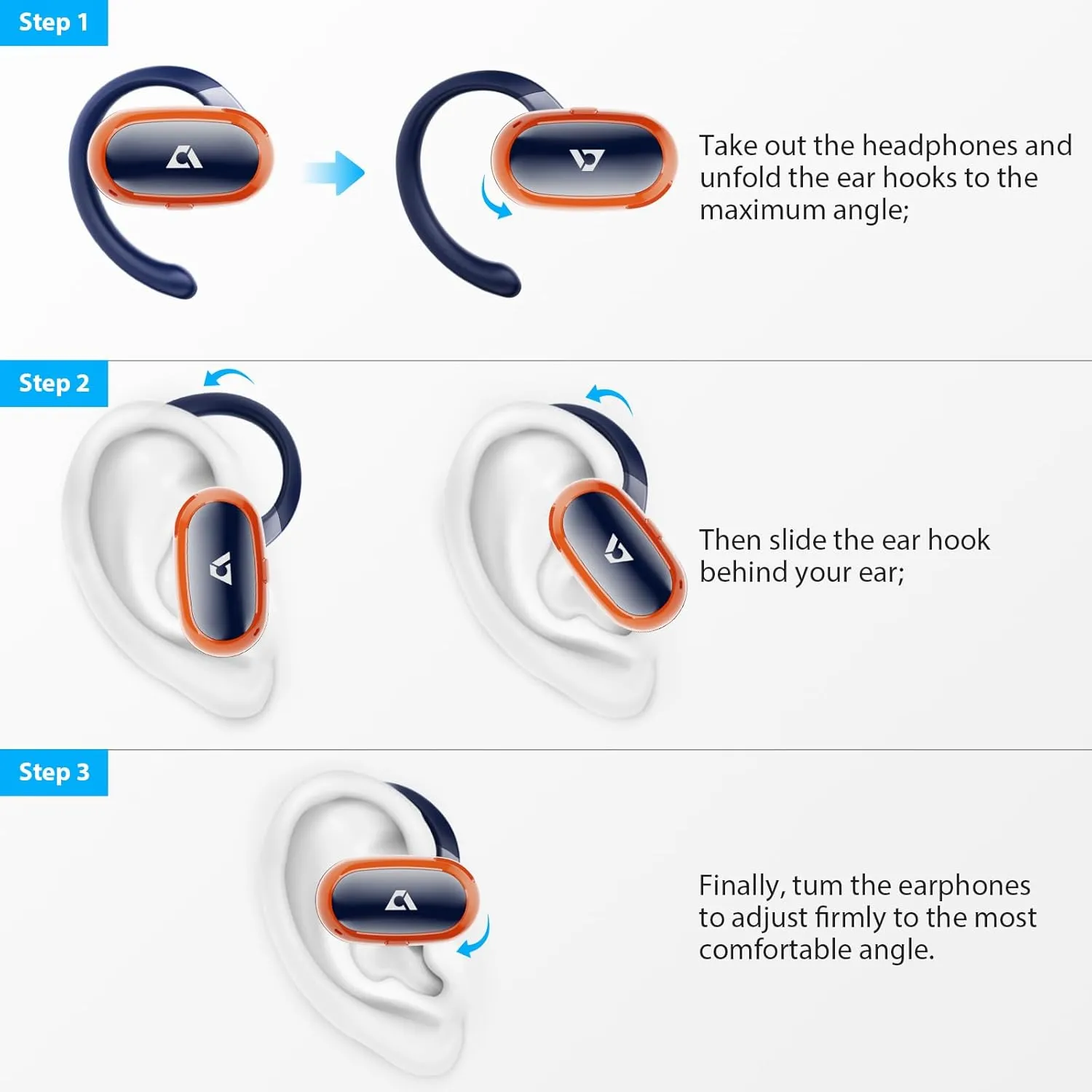 1Mii Open Ear Headphones, Wireless Sports Earbuds 60 Hours Long Playtime with Charging Case, Snug Fit Bluetooth Earbuds with Rotatable Ear Hooks, IPX4 Waterproof (Blue&Orange)