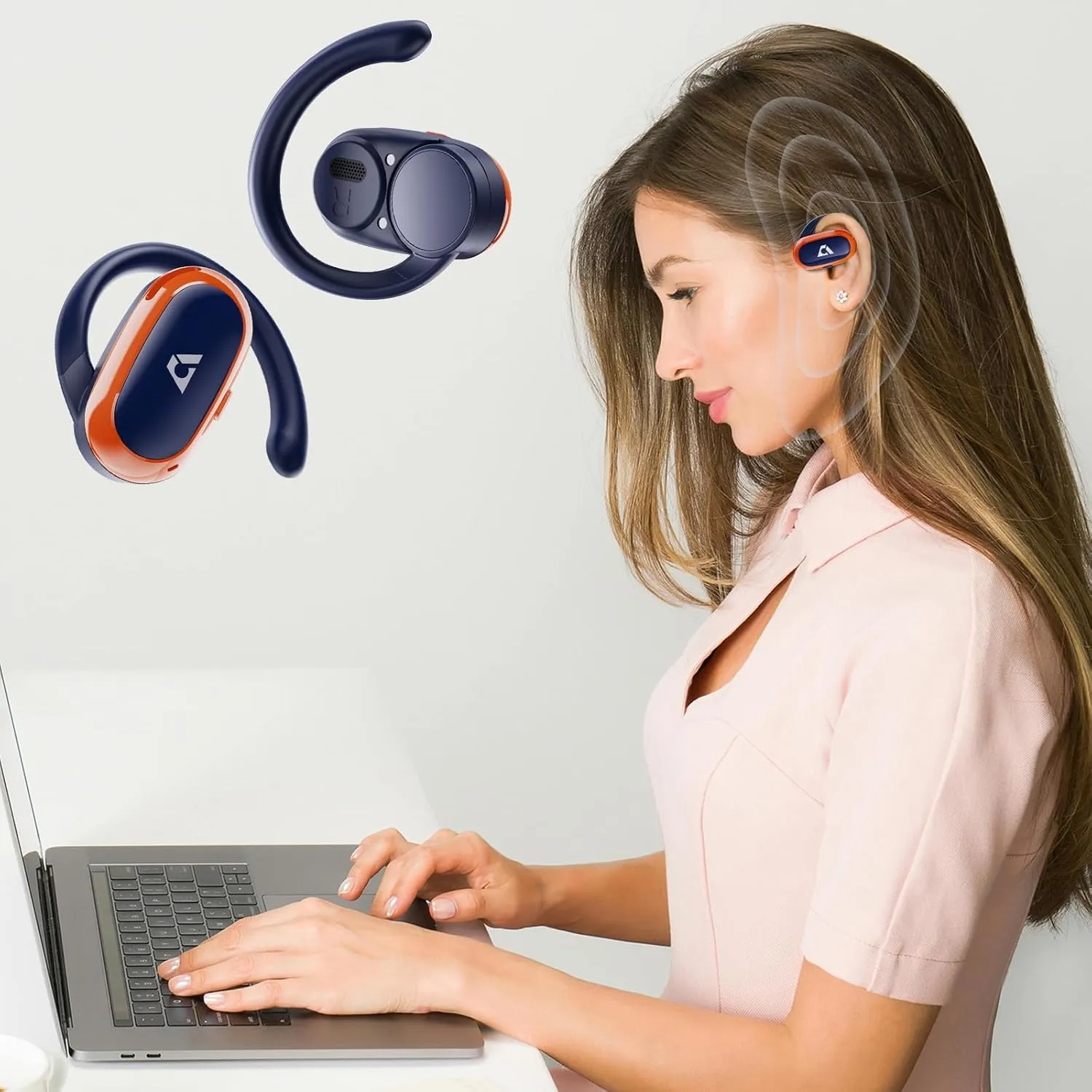 1Mii Open Ear Headphones, Wireless Sports Earbuds 60 Hours Long Playtime with Charging Case, Snug Fit Bluetooth Earbuds with Rotatable Ear Hooks, IPX4 Waterproof (Blue&Orange)