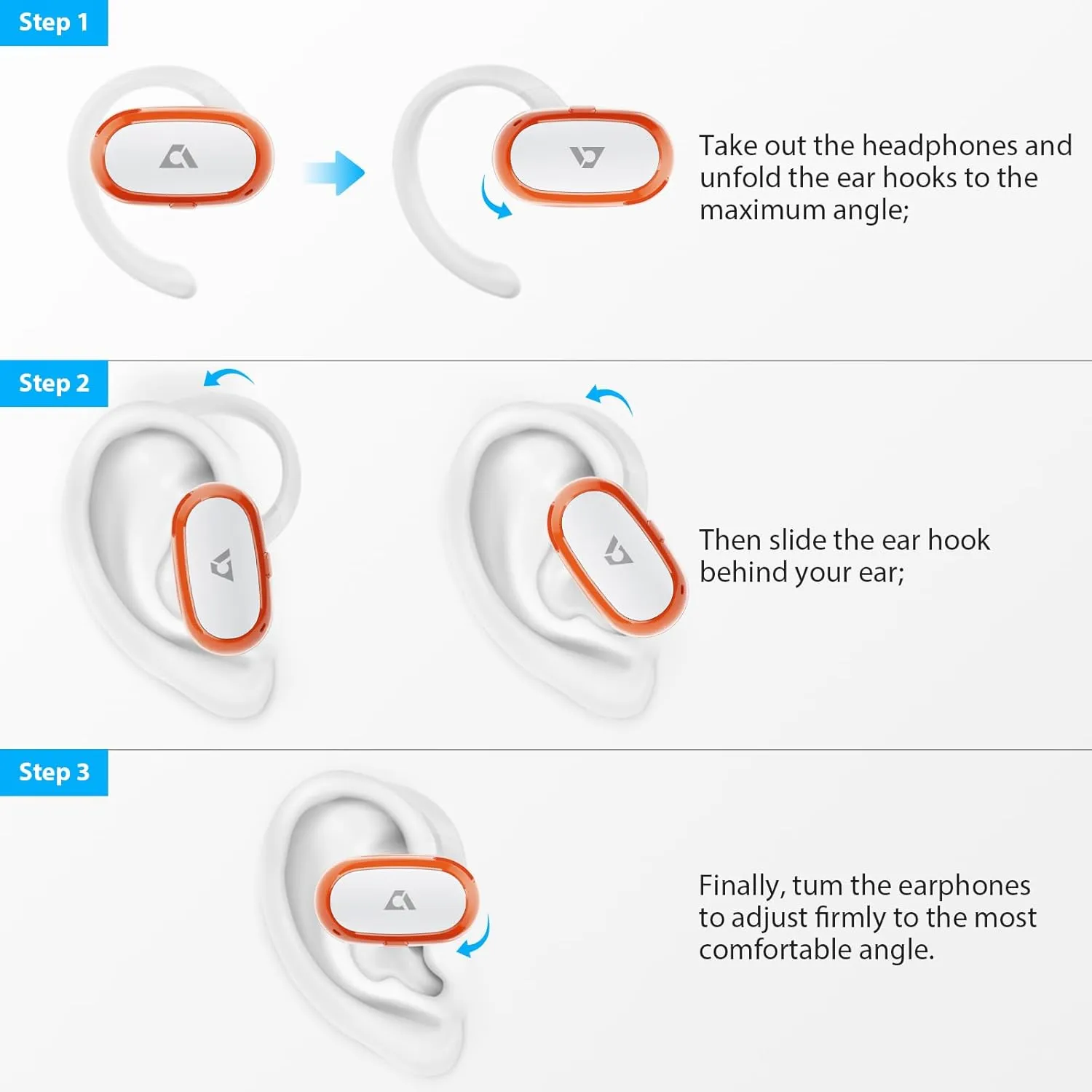1Mii Open Ear Headphones, Wireless Sports Earbuds 60 Hours Long Playtime with Charging Case, Snug Fit Bluetooth Earbuds with Rotatable Ear Hooks, IPX4 Waterproof (White&Orange)