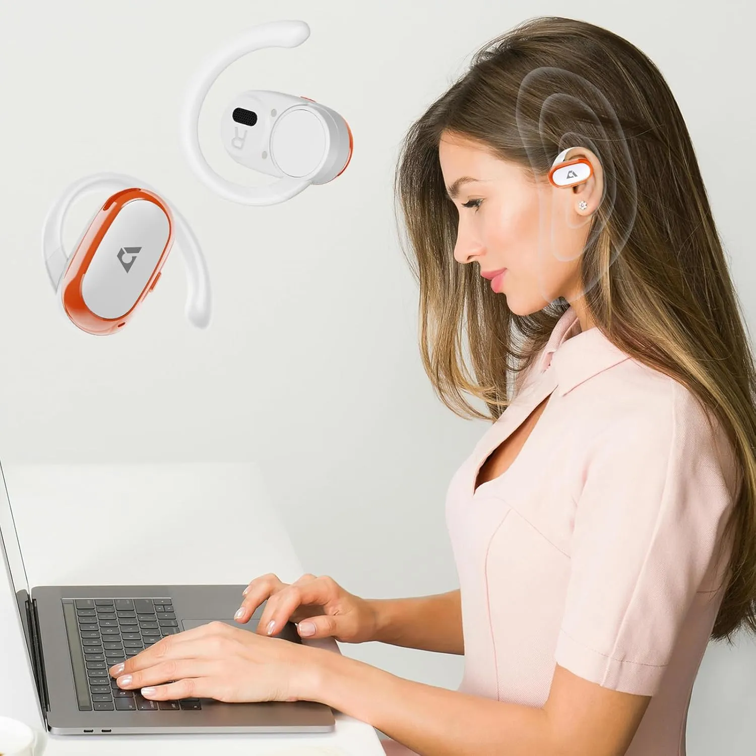 1Mii Open Ear Headphones, Wireless Sports Earbuds 60 Hours Long Playtime with Charging Case, Snug Fit Bluetooth Earbuds with Rotatable Ear Hooks, IPX4 Waterproof (White&Orange)