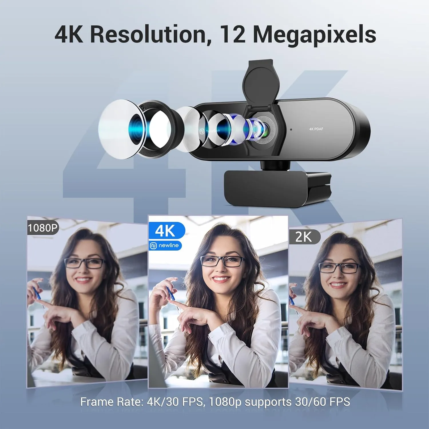 4K Webcam for PC with Tripod, PDAF Autofocus, 1080P@60FPS, 79 FOV, Low Distortion, 2 Noise Reduction Mics, Privacy Cover, Plug&Play, PC Camera for Skype, Teams, Zoom, NewEye 62 Kit