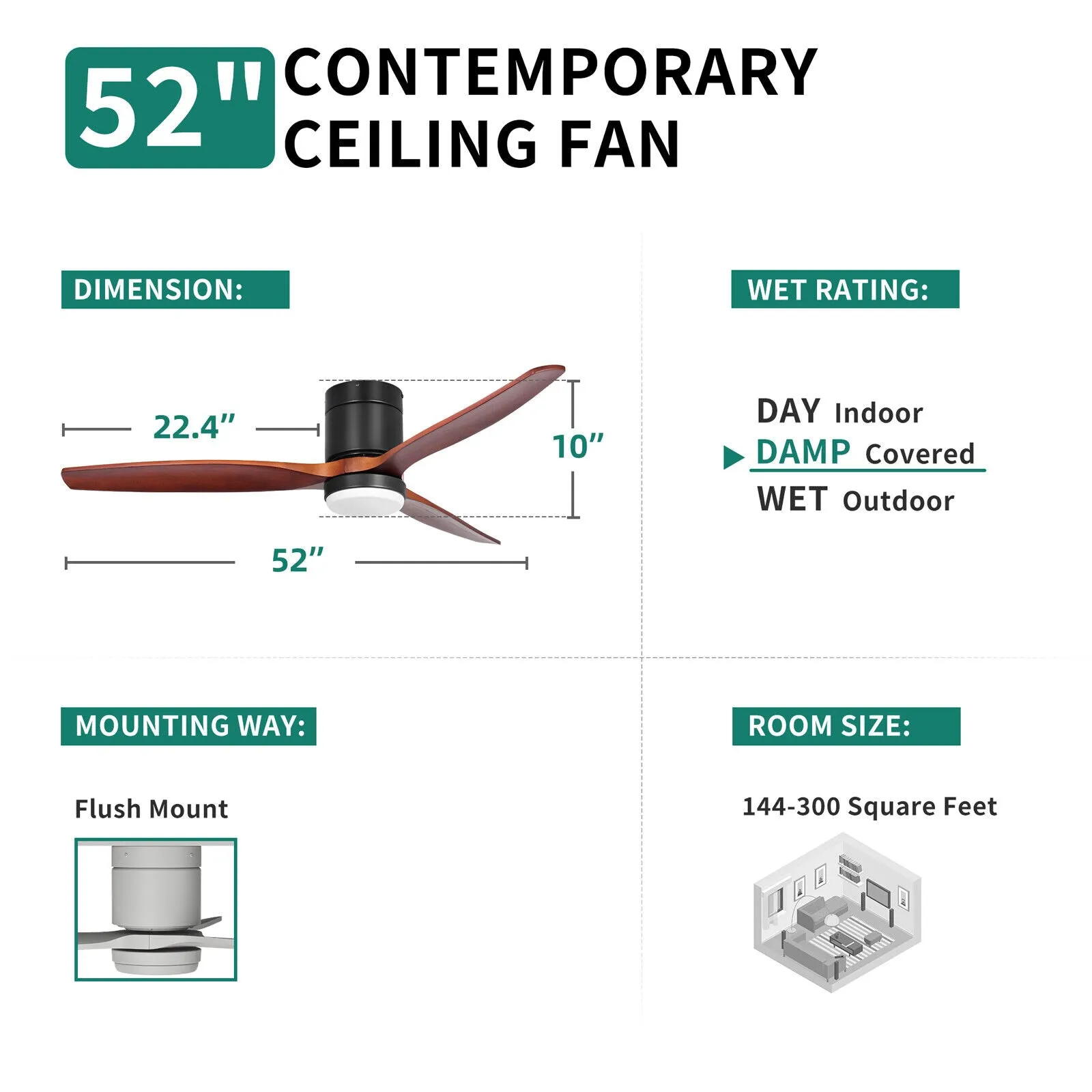 52-Inch Ceiling Fan Light with Remote Control, Dimmable LED