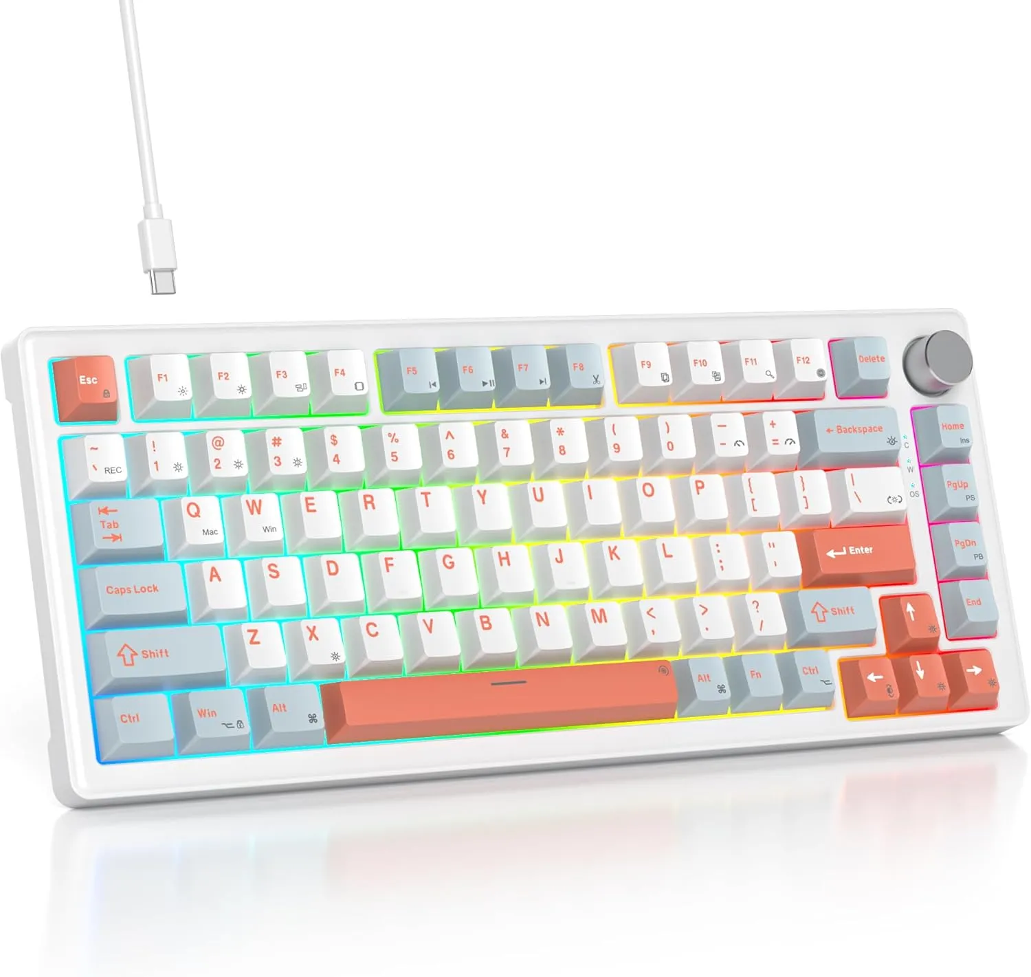 75% Mechanical Keyboard Gasket with Knob, Custom Wired Creamy Gaming Keyboard TKL 75 Percent Hot Swappable RGB Backlit, Pre-lubed Switch for Win/MAC PC LaptopSalmon/White