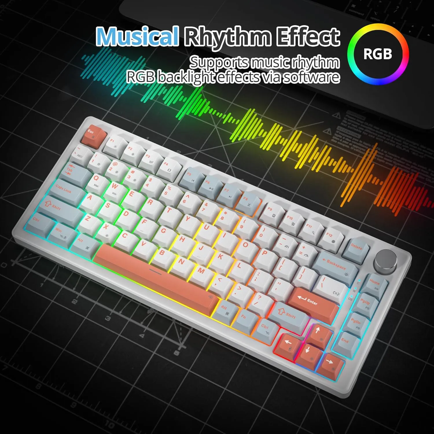 75% Mechanical Keyboard Gasket with Knob, Custom Wired Creamy Gaming Keyboard TKL 75 Percent Hot Swappable RGB Backlit, Pre-lubed Switch for Win/MAC PC LaptopSalmon/White