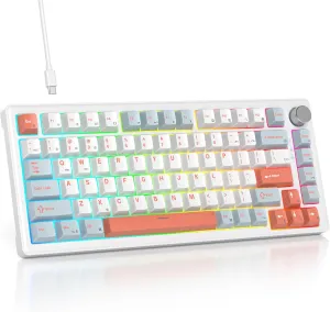 75% Mechanical Keyboard Gasket with Knob, Custom Wired Creamy Gaming Keyboard TKL 75 Percent Hot Swappable RGB Backlit, Pre-lubed Switch for Win/MAC PC LaptopSalmon/White