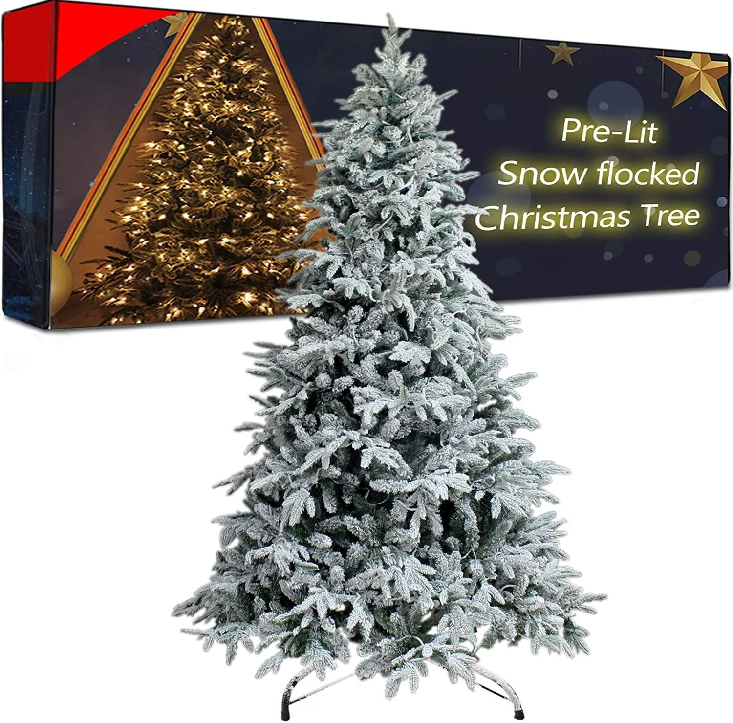 7Ft Snow Flocked Pre-lit Xmas Tree with 300 LED Lights & Sturdy Metal Stand