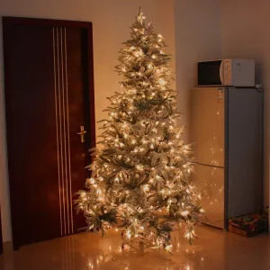 7Ft Snow Flocked Pre-lit Xmas Tree with 300 LED Lights & Sturdy Metal Stand