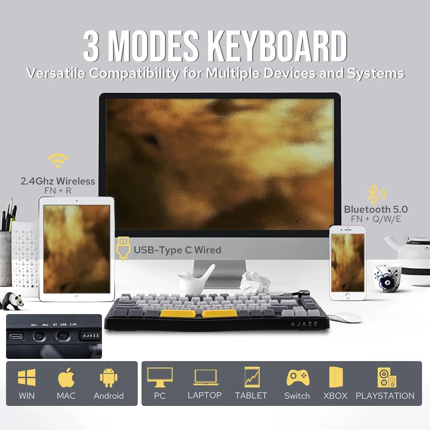 AJAZZ AKS075 Wireless Gaming Keyboard, Hot-Swappable Gasket Mechanical 75% Alice Keyboard with 0.85 TFT Screen, BT5.1/2.4GHz/USB-C, 5000mAh Battery (Black, Flying Fish Switch)