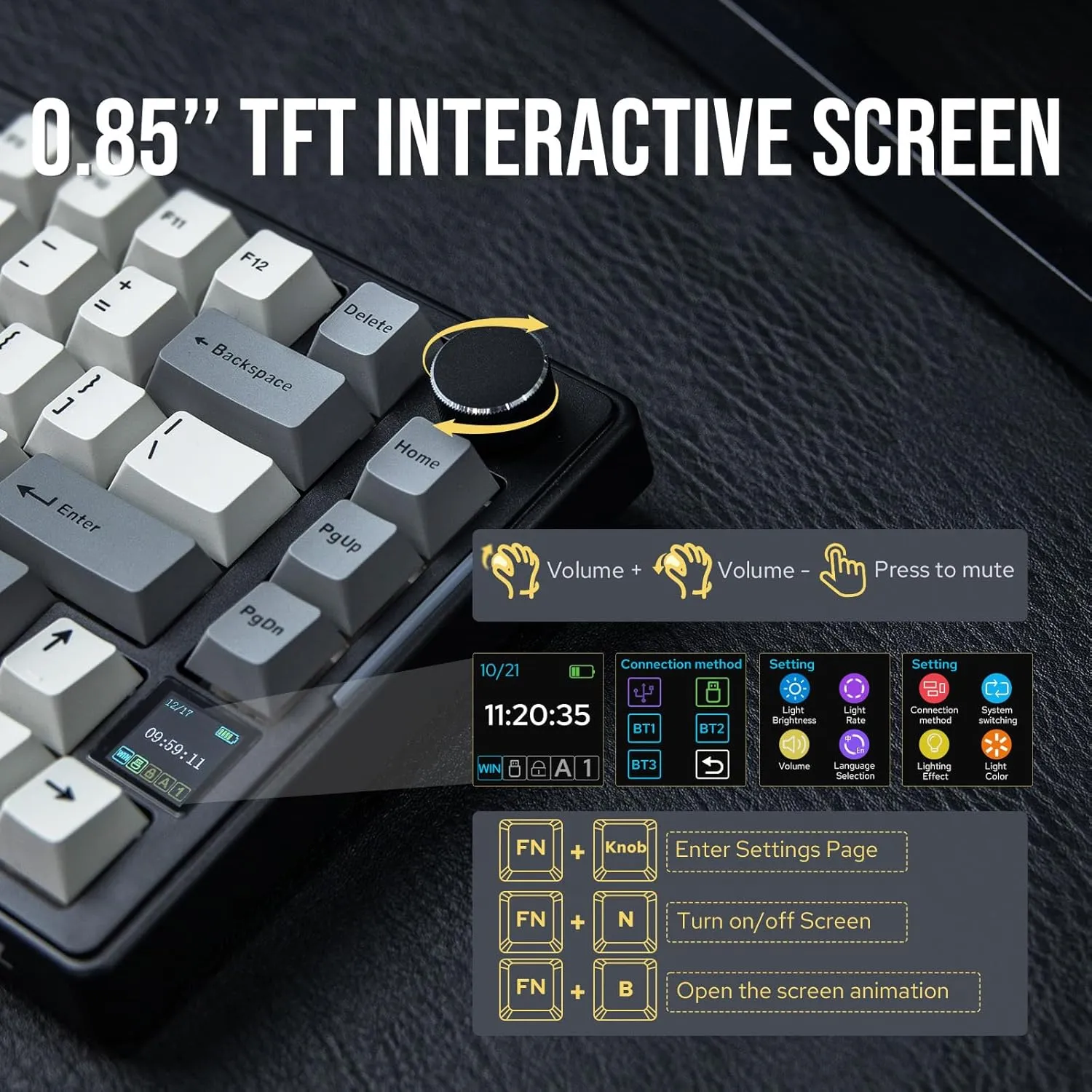 AJAZZ AKS075 Wireless Gaming Keyboard, Hot-Swappable Gasket Mechanical 75% Alice Keyboard with 0.85 TFT Screen, BT5.1/2.4GHz/USB-C, 5000mAh Battery (Black, Flying Fish Switch)