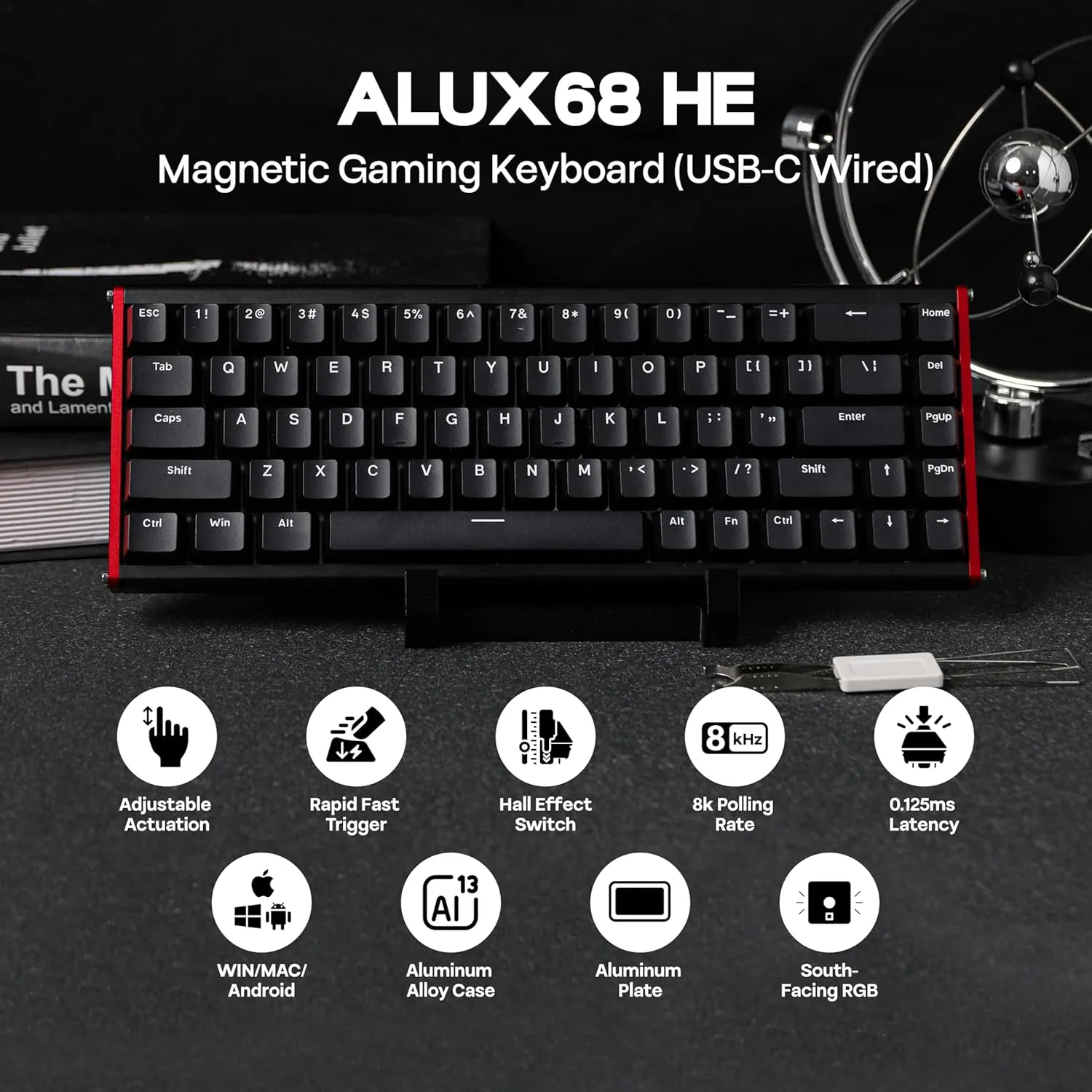 AJAZZ ALUX68 HE Aluminum Rapid Trigger Gaming Keyboard with Magnetic Switch, Wired Hall Effect Keyboard with 8K Polling Rate, 0.125ms Latency, RGB Backlight (Black, ALUX68 Plus)
