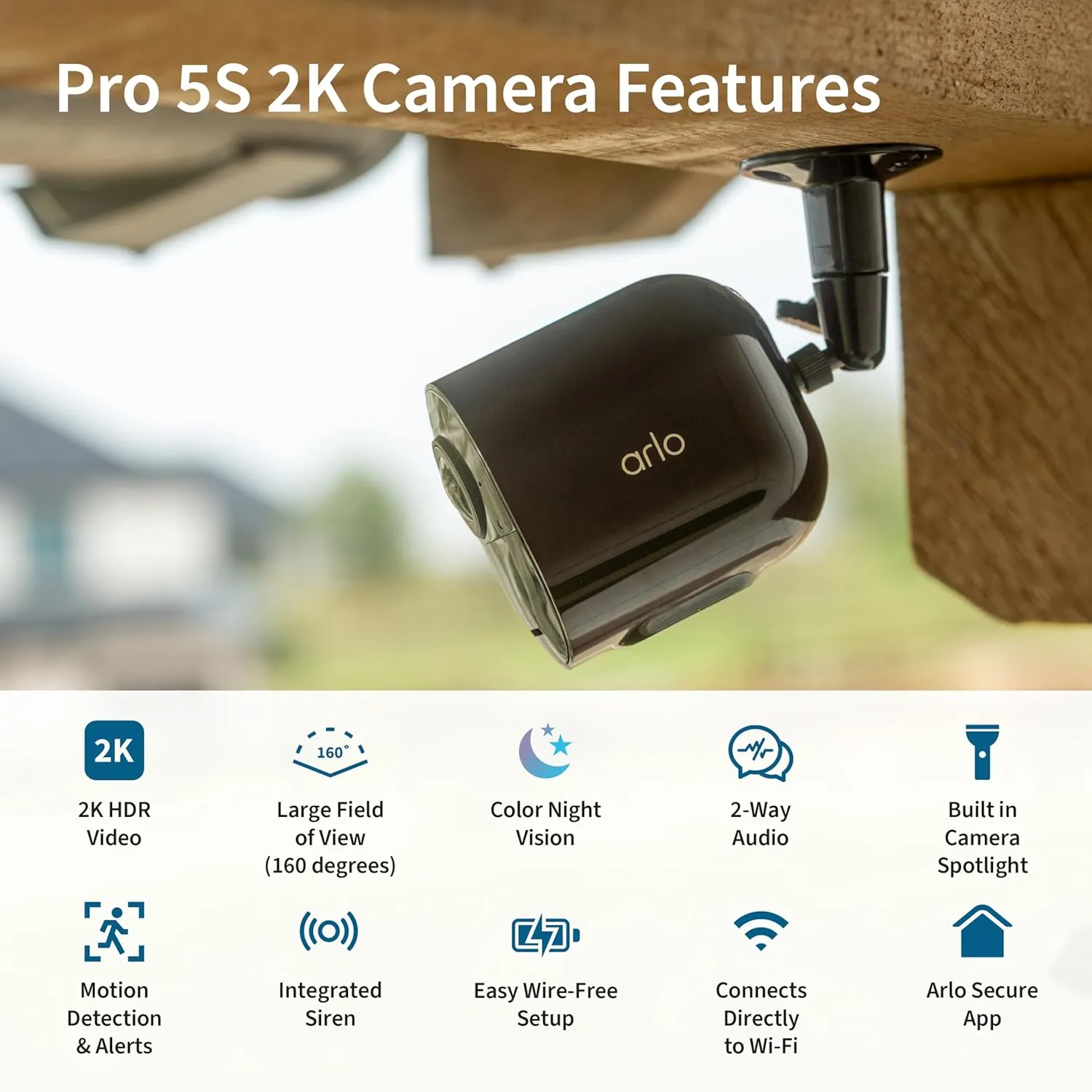 Arlo Pro 5S 2K Spotlight Camera - Wireless Home Security Camera with Spotlight, Color Night Vision, Dual-Band Wi-Fi & 2-Way Audio - Black, 1 Pack, VMC4060B