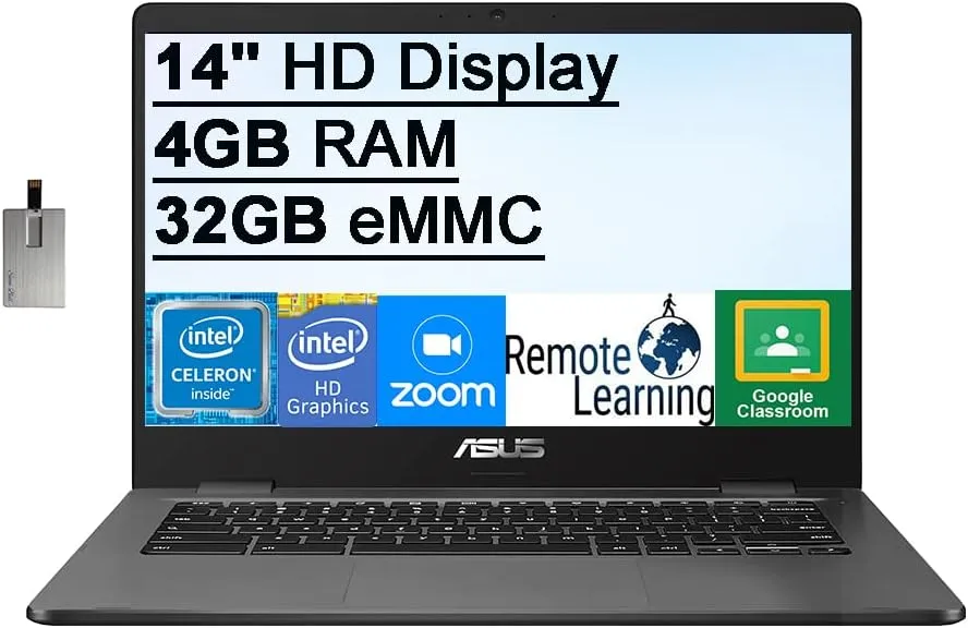 ASUS 2022 Chromebook 14" HD Laptop, Intel Celeron N3350 Processor, 4GB RAM, 32GB eMMC Flash Memory, Intel HD Graphics 500, HD Webcam, Stereo Speakers, Chrome OS, Grey, 32GB SnowBell USB Card (Renewed)