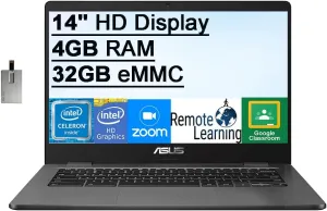ASUS 2022 Chromebook 14" HD Laptop, Intel Celeron N3350 Processor, 4GB RAM, 32GB eMMC Flash Memory, Intel HD Graphics 500, HD Webcam, Stereo Speakers, Chrome OS, Grey, 32GB SnowBell USB Card (Renewed)