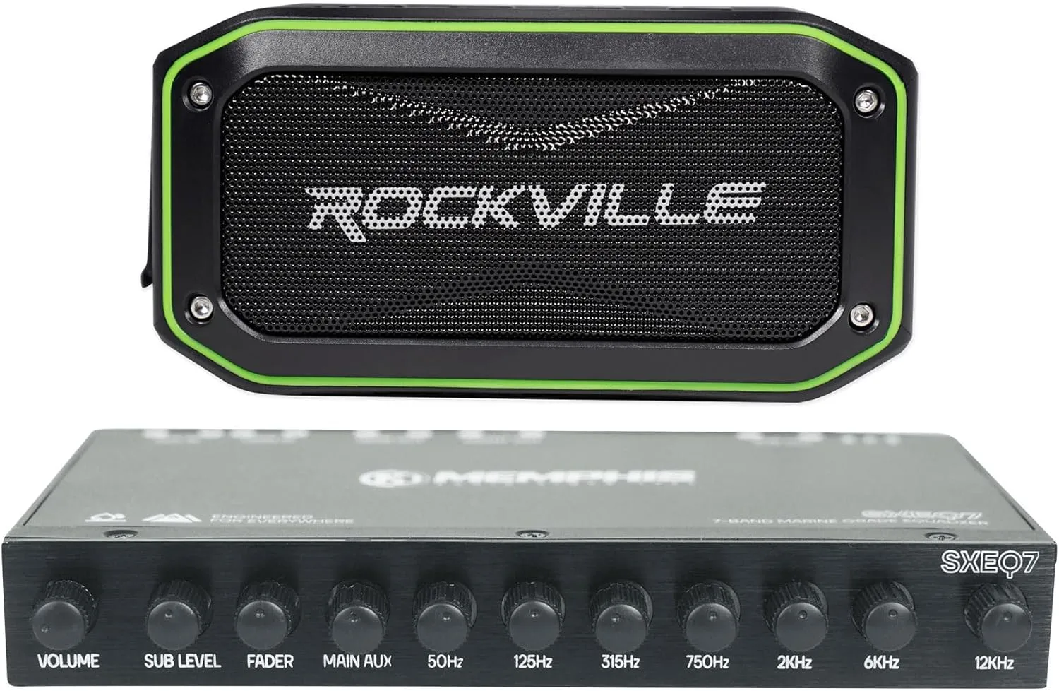 Audiosavings Bundle: (1) Memphis Audio SXEQ7 Half 1/2 Din 7-Band Marine EQ Equalizer 4 Boat/ATV/UTV/RZR Bundle with (1) Rockville Rock Anywhere Waterproof Portable Bluetooth Speaker (2 Item)