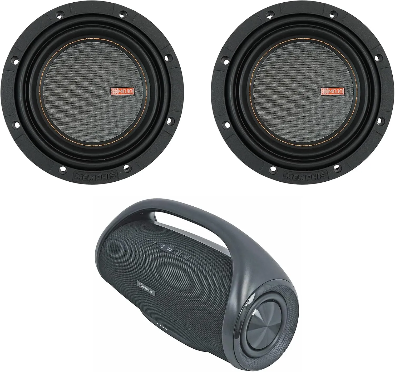 Audiosavings Bundle: (2) Memphis MOJO MJM612 6.5" 1400W Competition Car Subwoofer 1 or 2 Ohm Bundle with Rockville CANON-XXL Portable Bluetooth Speaker w/ Booming Bass Wireless Link (3 Items)