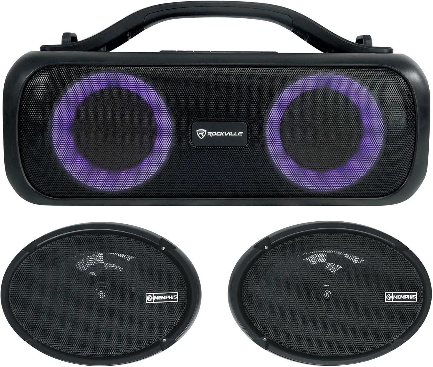 Audiosavings Bundle: Pair Memphis Audio PRX69S 6x9" 120 Watt Shallow Mount Car Stereo Speakers Bundle with Rockville Go Party D4 Large Loud Portable LED Party Bluetooth Speaker, Deep Bass (3 Items)
