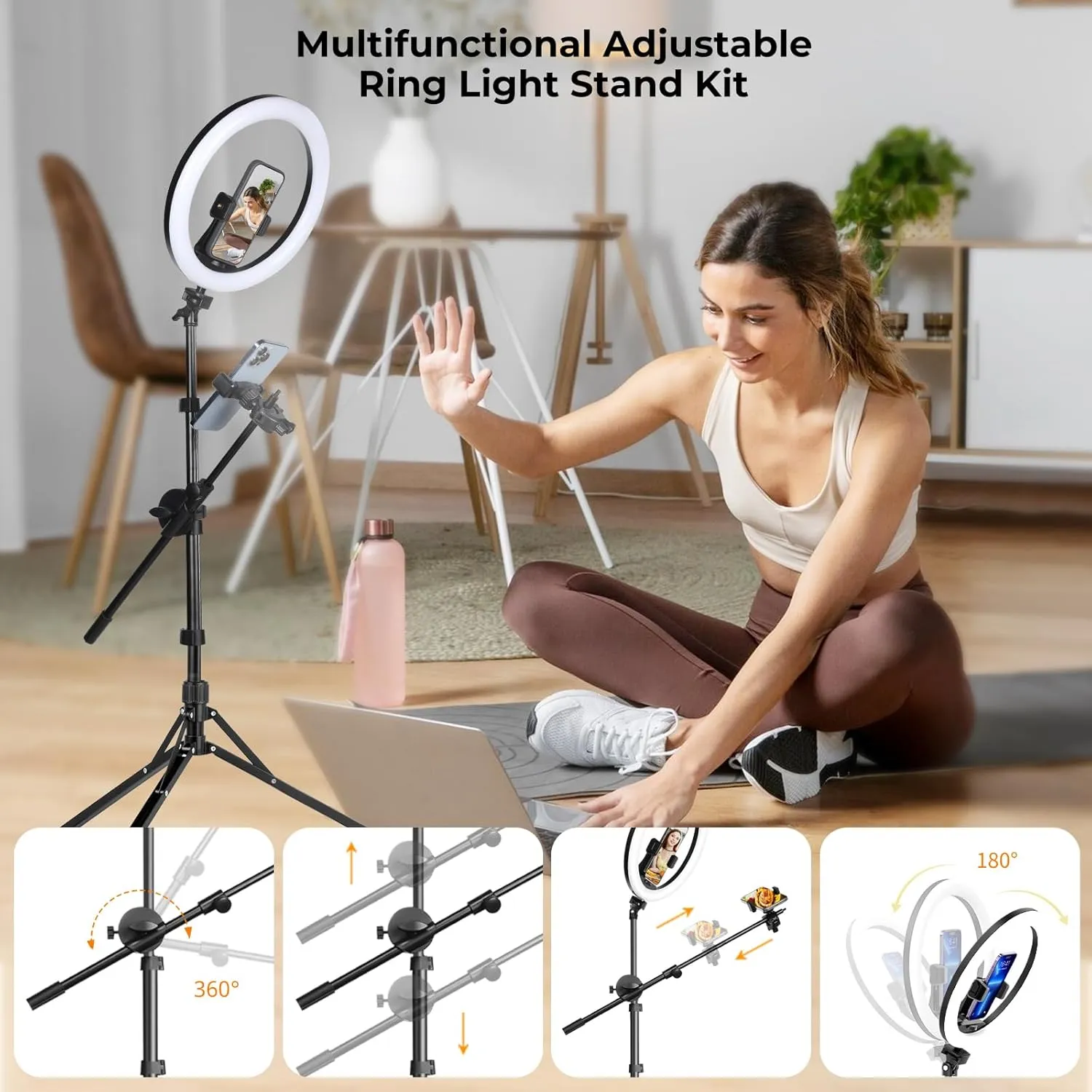Aureday 12" Selfie Ring Light with Stand and Phone Holder, Overhead Ringlight Tripod for iPhone Photography-LED Circle Lighting with Mic Mount&Remote for Video Recording/Live Streaming/Singing/Cooking