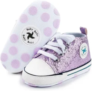 Baby Boys Girls Star High Top Sneaker Soft Anti-Slip Sole Newborn Infant First Walkers Canvas Denim Shoes (13cm, Purple, 12_Months)