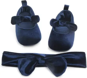 Baby Girls Princess Bowknot Shoes Soft Cloth Sole Velvet Cloth Crib Shoes Cute Headband 2pcs Accessary
