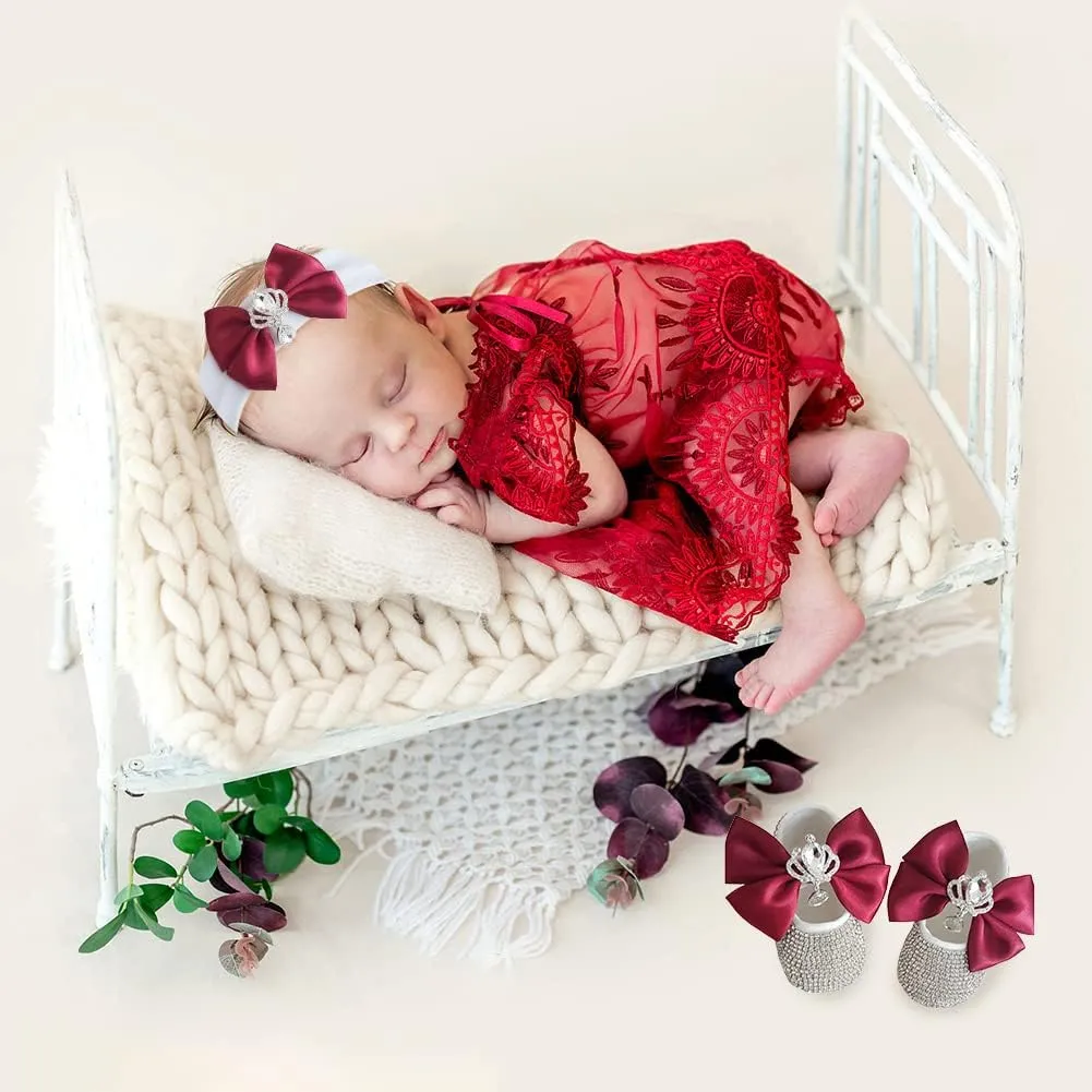 Baby Photography Props Girl, 1 Pair of Crystal Diamond Princess Shoes and Headband Set for Infant 0-6, 6-12, 12-18 Months