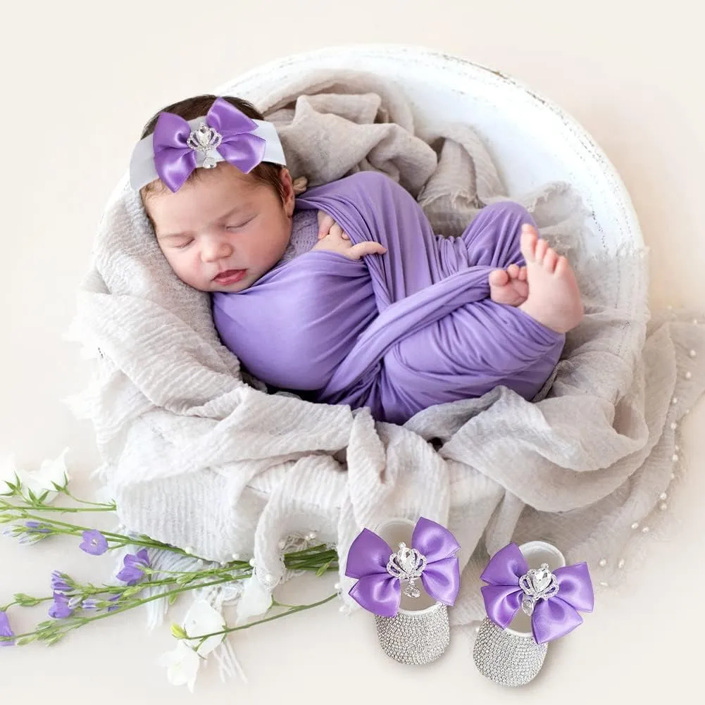 Baby Photography Props Girl, 1 Pair of Crystal Diamond Princess Shoes and Headband Set for Infant 0-6, 6-12, 12-18 Months