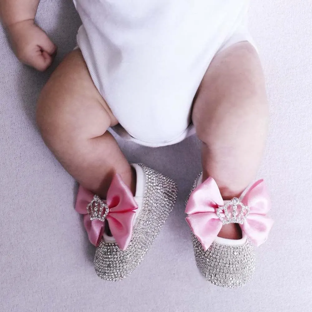 Baby Photography Props Girl, 1 Pair of Crystal Diamond Princess Shoes and Headband Set for Infant 0-6, 6-12, 12-18 Months