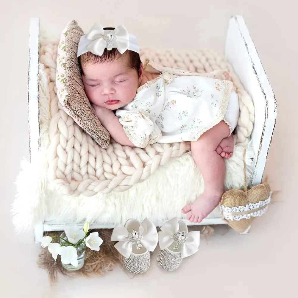 Baby Photography Props Girl, 1 Pair of Crystal Diamond Princess Shoes and Headband Set for Infant 0-6, 6-12, 12-18 Months