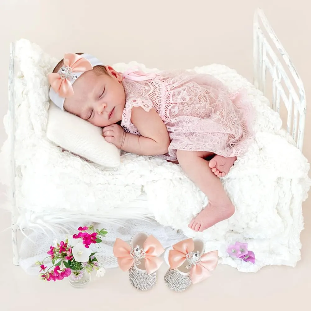 Baby Photography Props Girl, 1 Pair of Crystal Diamond Princess Shoes and Headband Set for Infant 0-6, 6-12, 12-18 Months
