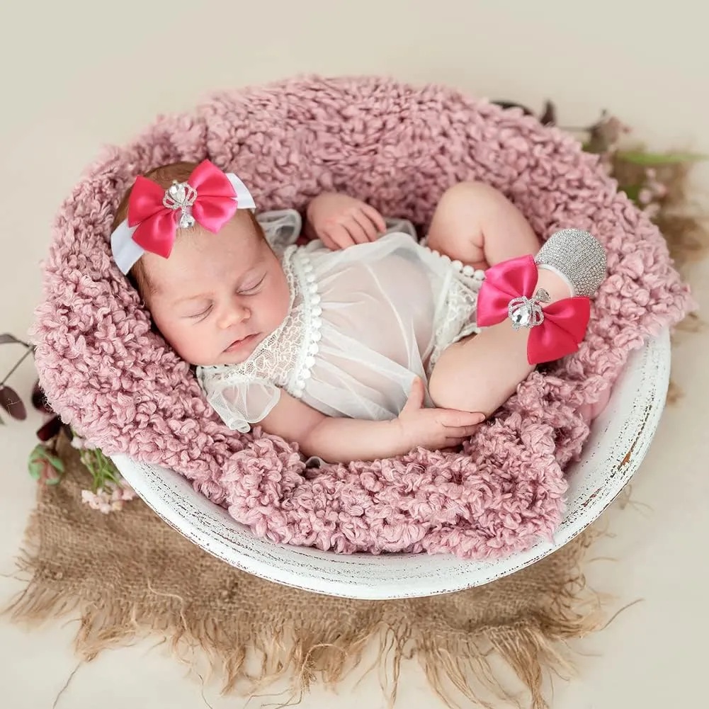 Baby Photography Props Girl, 1 Pair of Crystal Diamond Princess Shoes and Headband Set for Infant 0-6, 6-12, 12-18 Months