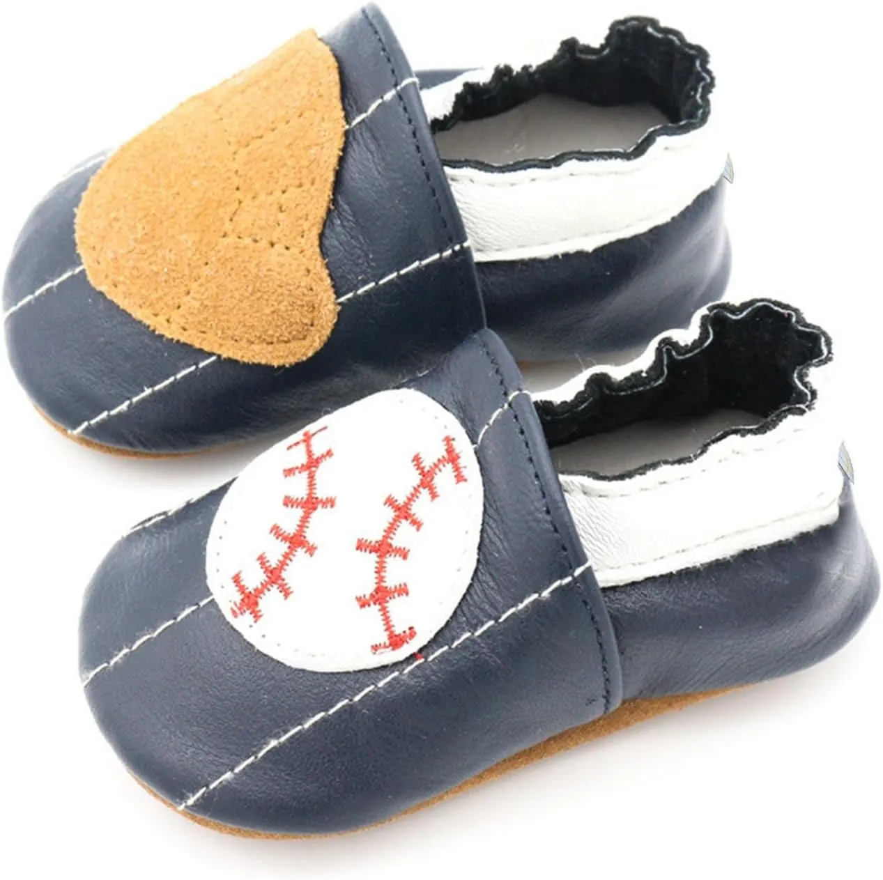 Baseball Baby Soft Sole Leather occasins Anti-Slip Infant Toddler First Walking Slippers Elastic Slip-on Shoes