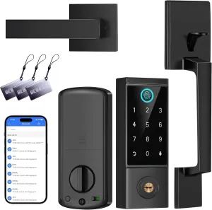 BEBASIA Smart Door Lock with Front Door Handle Set, Heavy Duty Fingerprint Handleset, Keyless Entry Door Lock, Smart Deadbolt for Front Door, Bluetooth Keypad Digital Lock Black