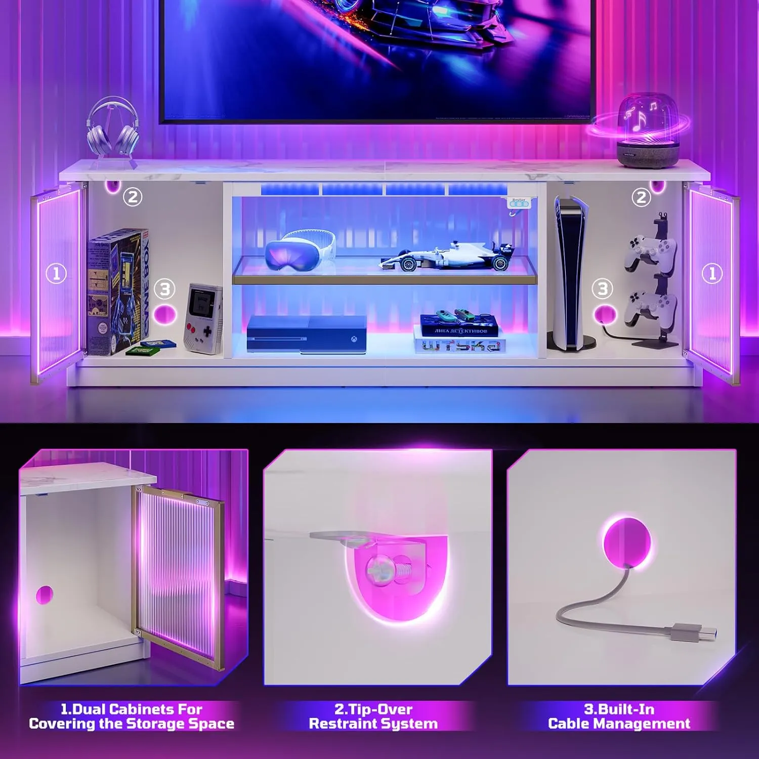 Bestier Gaming TV Stand with Music Sync Light, Flow Vibe Entertainment Center with Storage for PS5 Xbox, LED Party Modes Television Stands for Bedroom Living Room (White Marble, 57 inch)