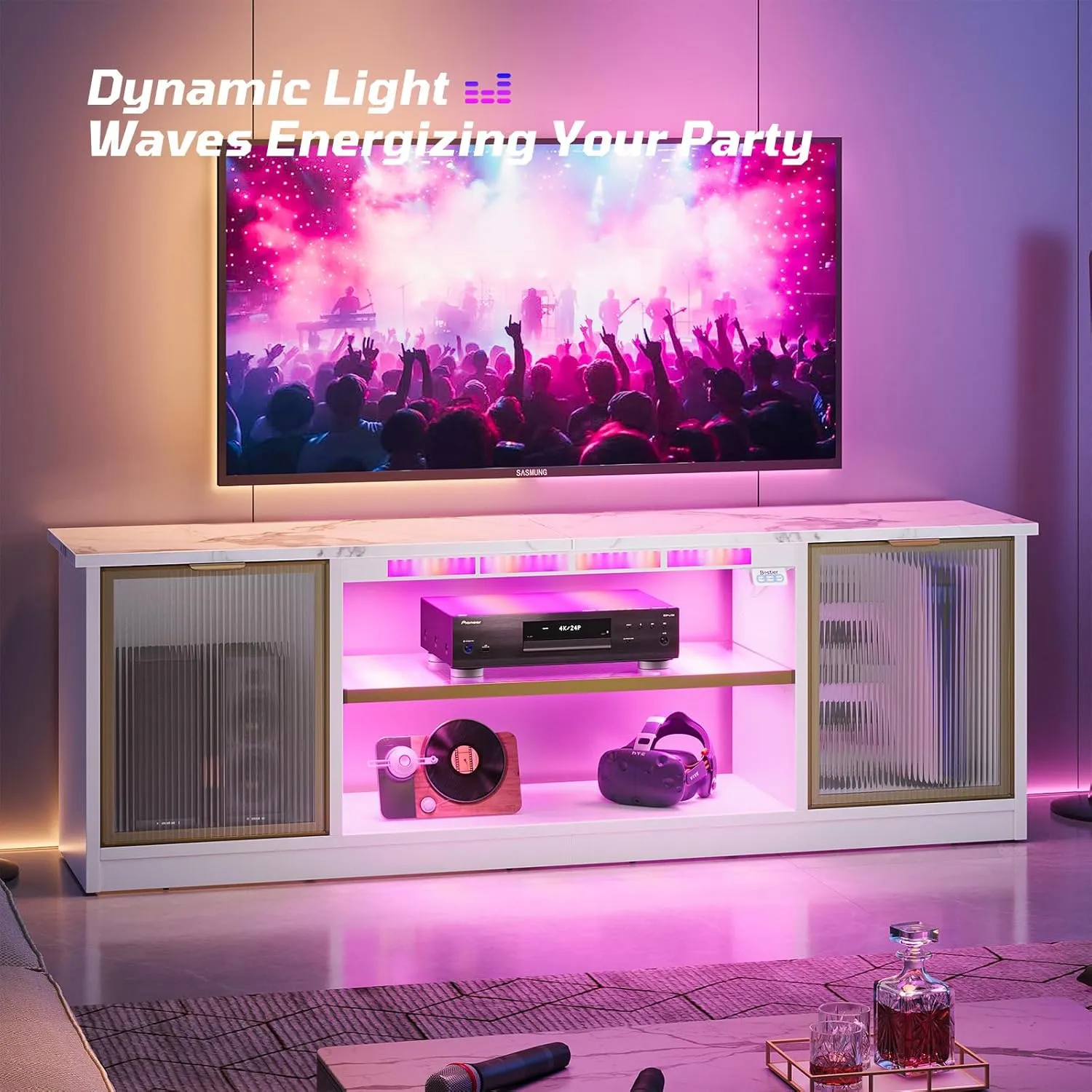 Bestier Gaming TV Stand with Music Sync Light, Flow Vibe Entertainment Center with Storage for PS5 Xbox, LED Party Modes Television Stands for Bedroom Living Room (White Marble, 57 inch)