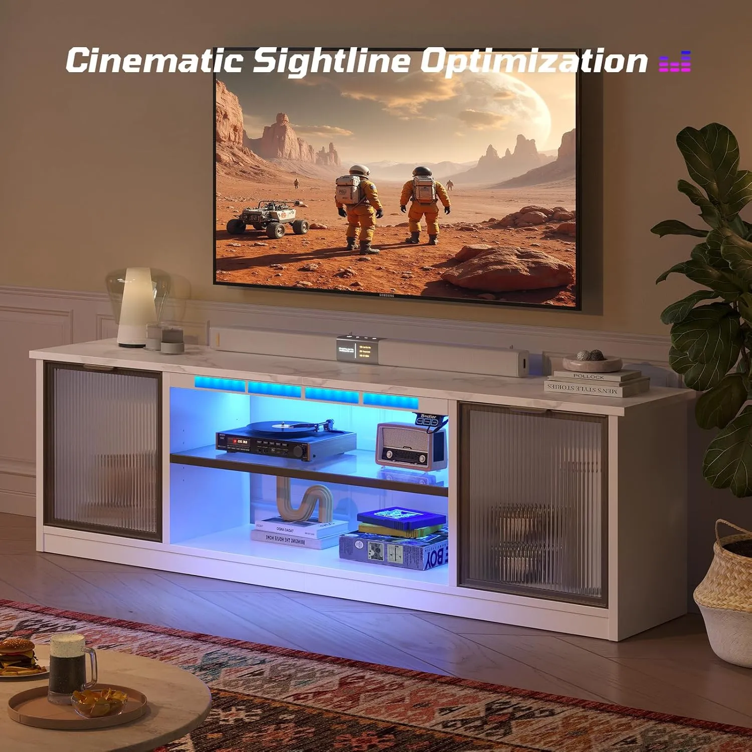 Bestier Gaming TV Stand with Music Sync Light, Flow Vibe Entertainment Center with Storage for PS5 Xbox, LED Party Modes Television Stands for Bedroom Living Room (White Marble, 57 inch)