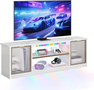 Bestier Gaming TV Stand with Music Sync Light, Flow Vibe Entertainment Center with Storage for PS5 Xbox, LED Party Modes Television Stands for Bedroom Living Room (White Marble, 57 inch)