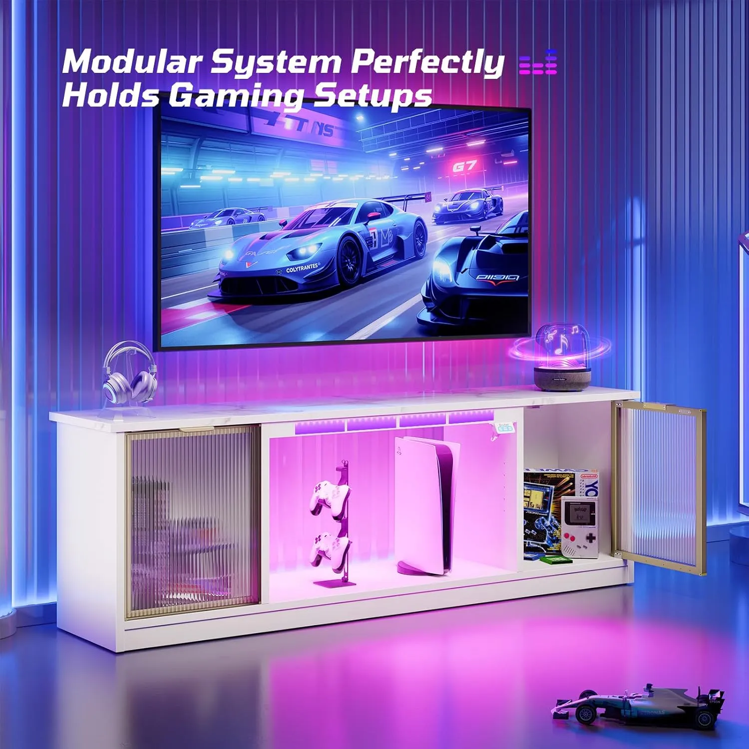 Bestier Gaming TV Stand with Music Sync Light, Flow Vibe Entertainment Center with Storage for PS5 Xbox, LED Party Modes Television Stands for Bedroom Living Room (White Marble, 57 inch)