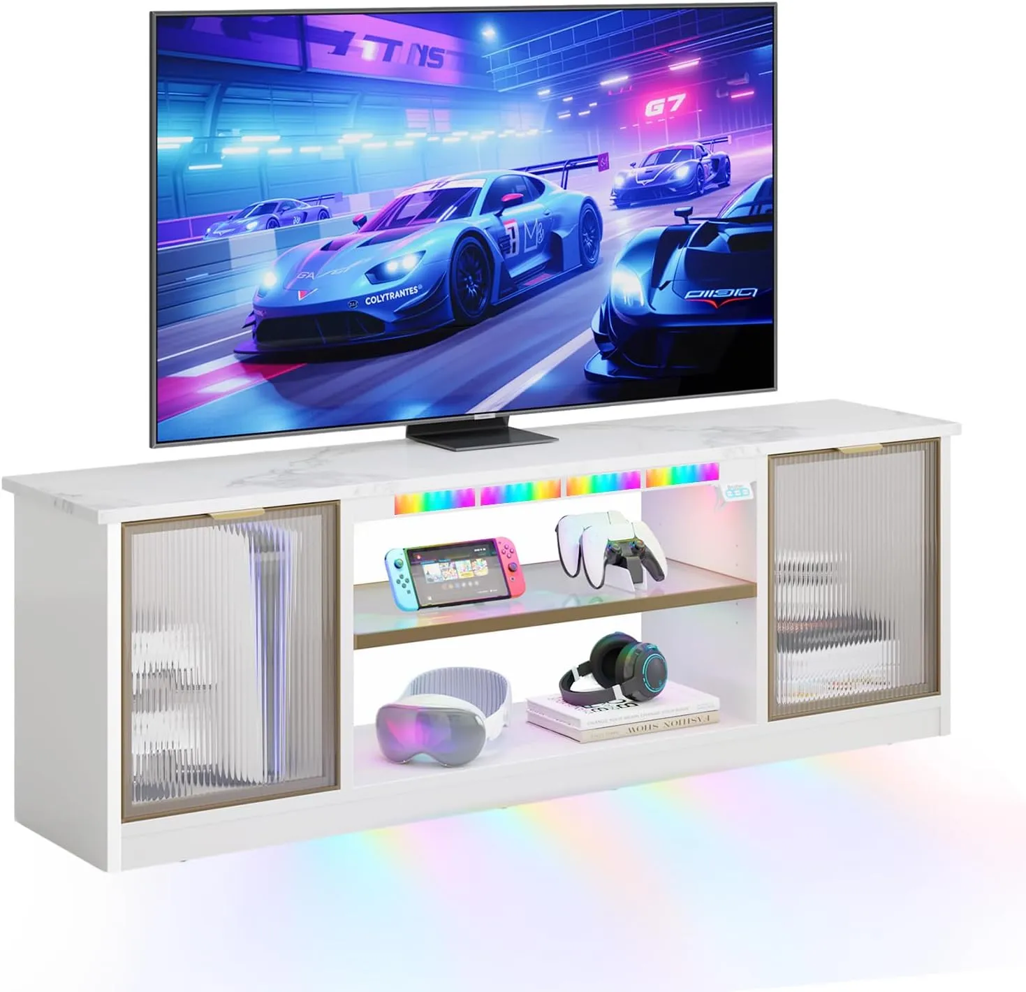 Bestier Gaming TV Stand with Music Sync Light, Flow Vibe Entertainment Center with Storage for PS5 Xbox, LED Party Modes Television Stands for Bedroom Living Room (White Marble, 57 inch)