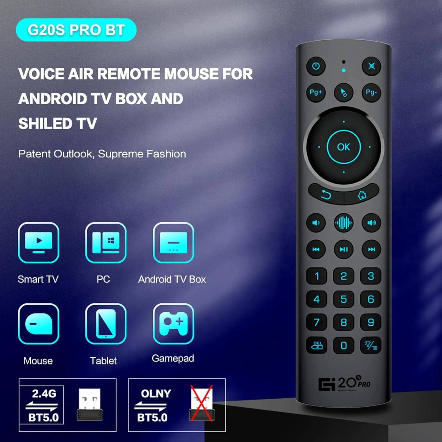 Bluetooth Voice Remote Control,BT5.0 USB Wireless Voice Control Sensing Backlit 2.4G Air Remote Mouse with IR Learning for PC,Projector,Smart TV,Android TV Box(G20S PRO BT)