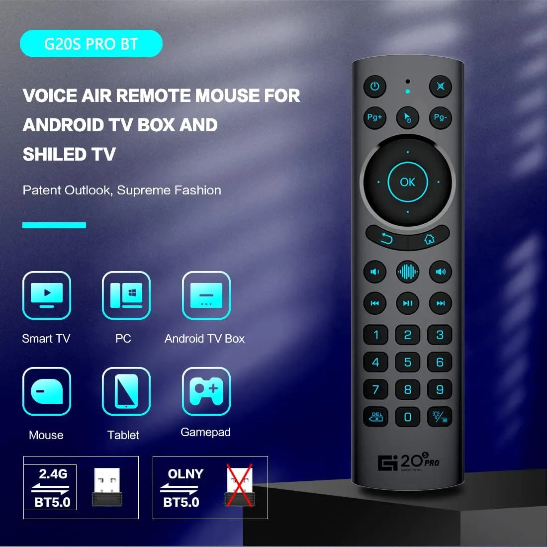 Bluetooth Voice Remote Control,USB Wireless Voice Control Sensing Backlit Air Remote Mouse with IR Learning for PC,Projector,Smart TV,Android TV Box(G20S Pro Plus)
