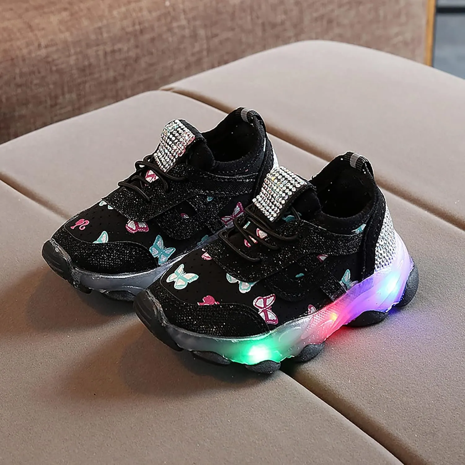 Boys Girls Butterfly Prints LED Light Shoes Daddy Shoes Lacing Breathable Mesh Soft Soles Kids Shoes