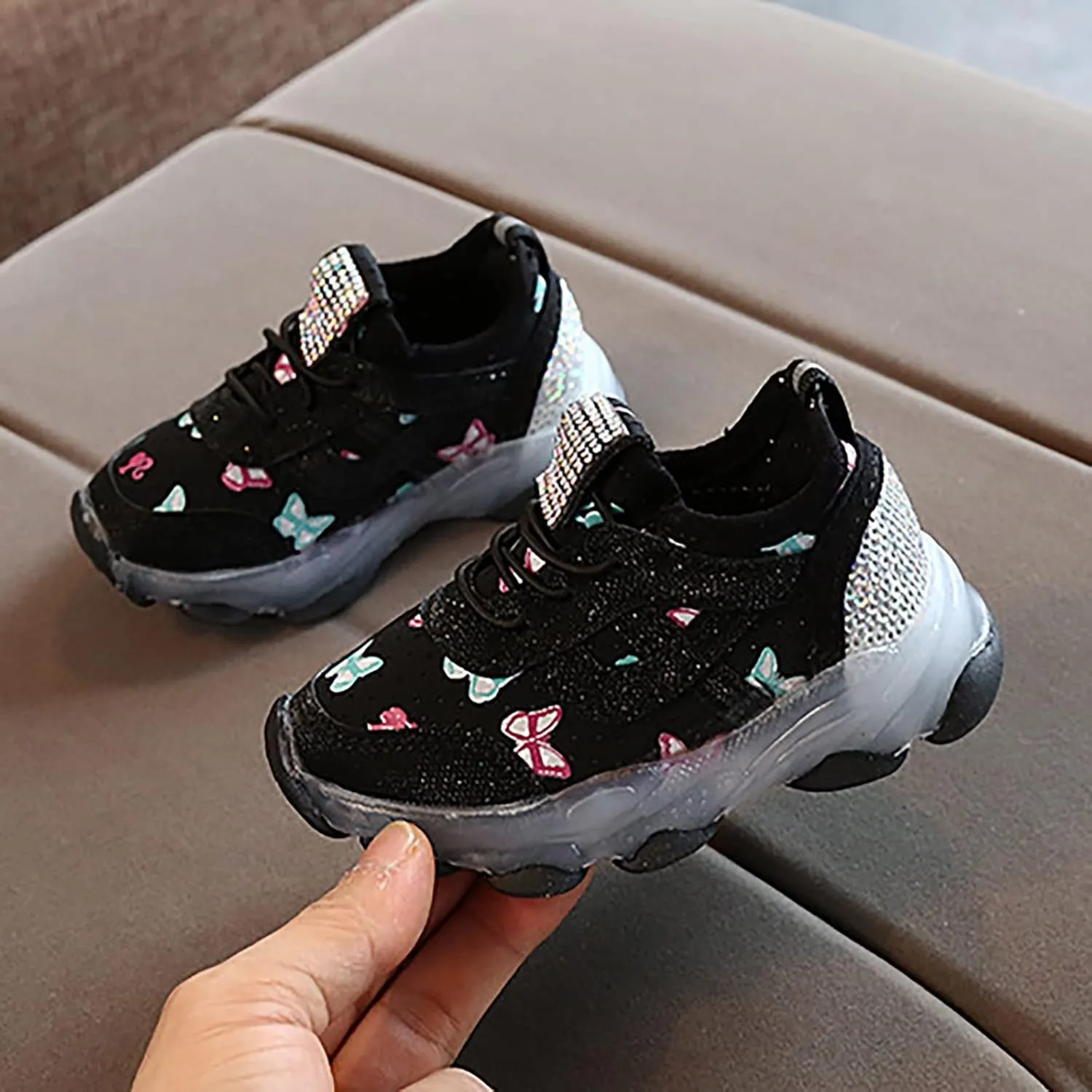 Boys Girls Butterfly Prints LED Light Shoes Daddy Shoes Lacing Breathable Mesh Soft Soles Kids Shoes